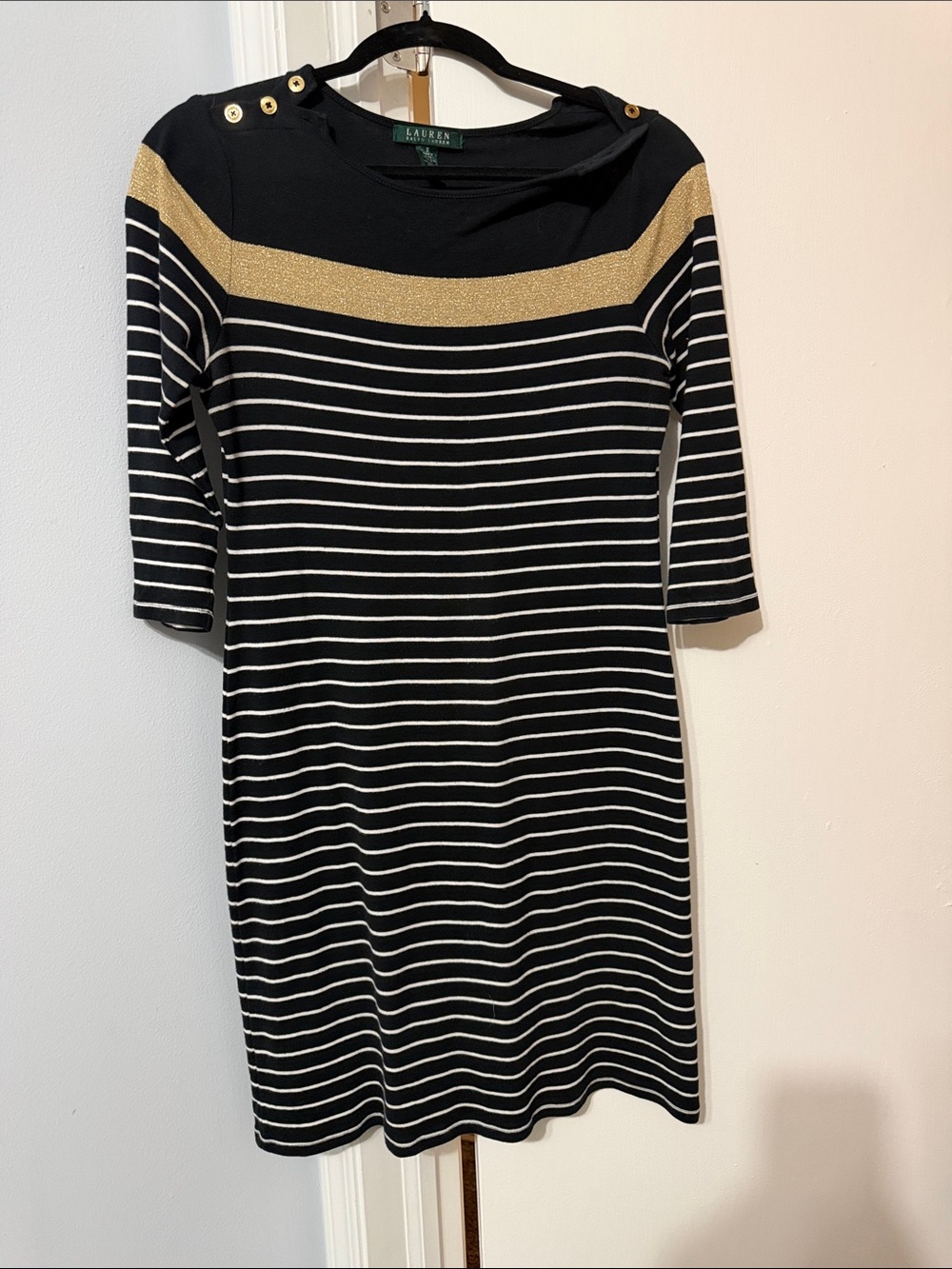 Lauren Ralph Lauren Black & White Striped Midi Dress with Gold Yoke